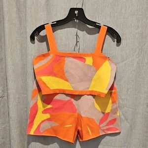 Amazon Orange and Pink Graphic Knit Crop Tank Top and Shorts Set